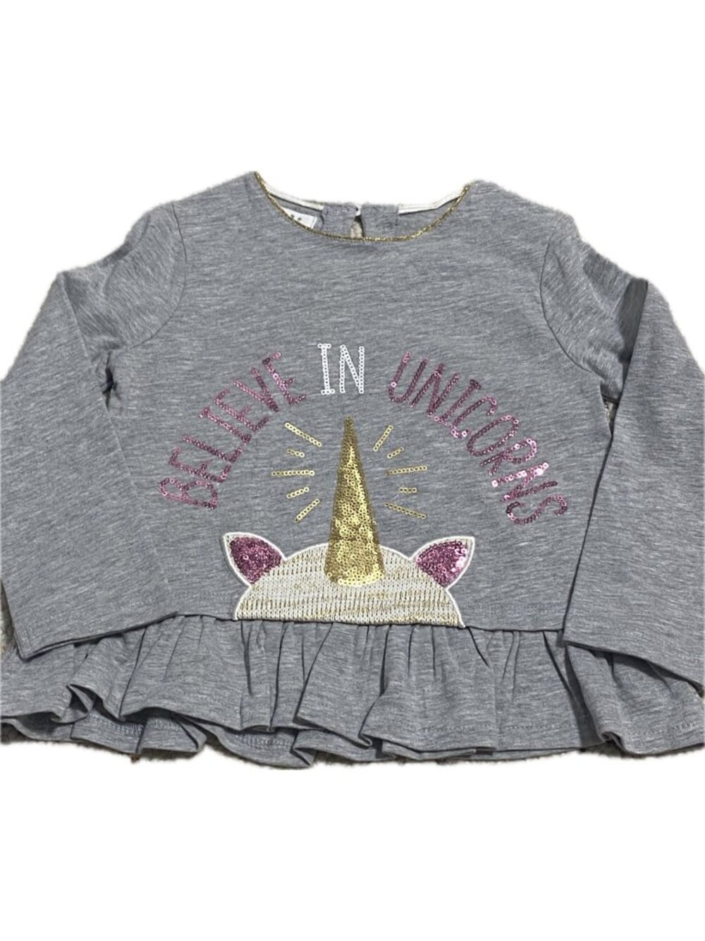 Mud Pie gray sequin Unicorn peplum shirt 12m 18m NWT gray gold ruffle embroider